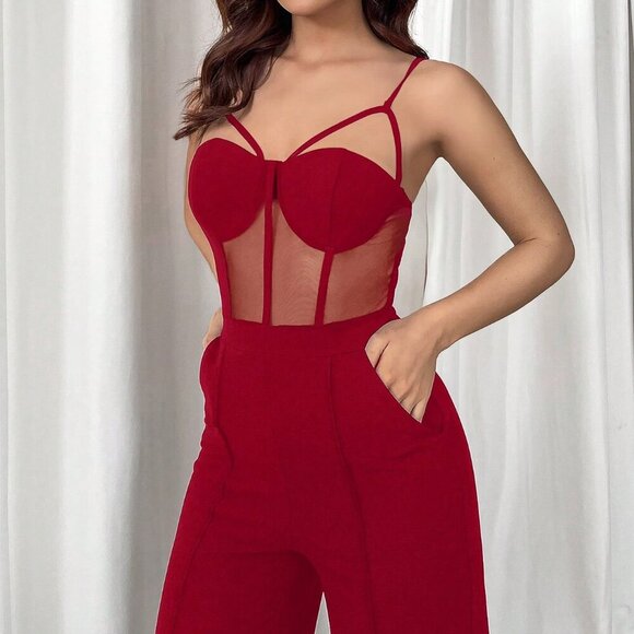 Red Sexy Women's Summer Solid Color Contrast Mesh Elegant Jumpsuit With Straps - Picture 4 of 5